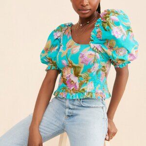 Love the Label Turquoise Ruffle Puff-Sleeved Cropped Blouse. Size Small